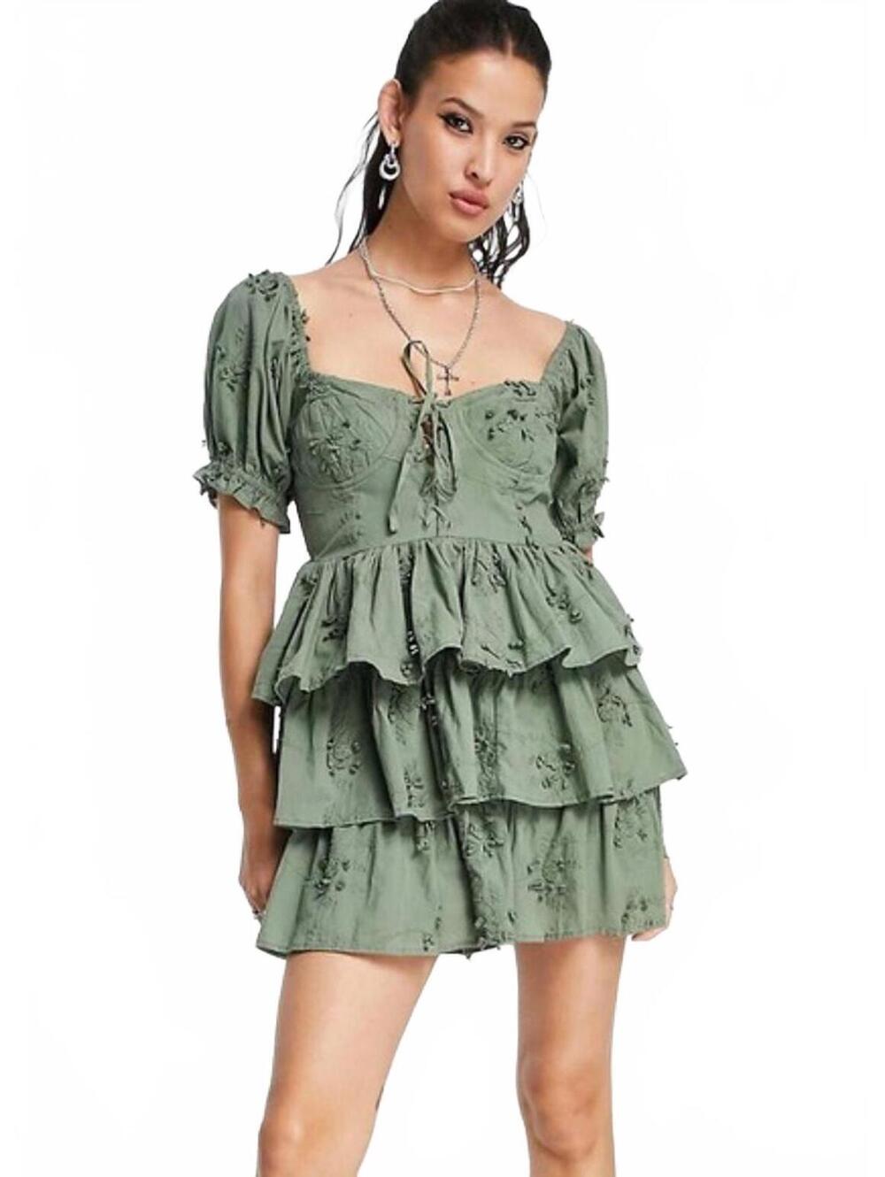 Altar'd State Olive Green Floral Embroidered Ruffle Corset Mini Dress Large